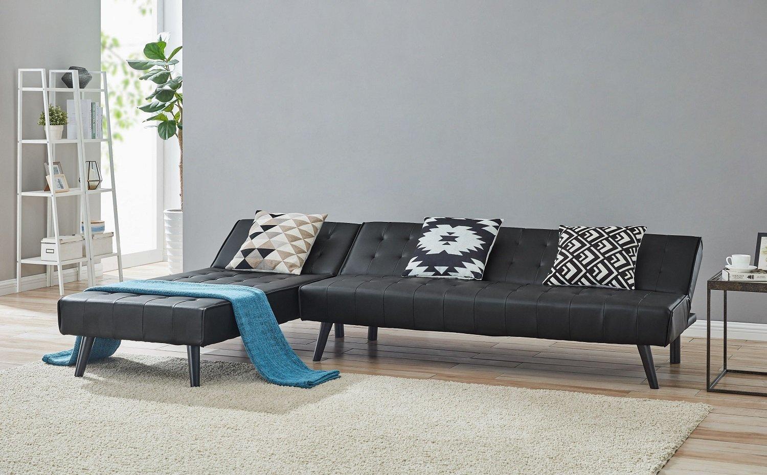 Dawson L-Shaped Faux Leather Sofa Bed With Tufted Detail and Chaise Section and Black Legs